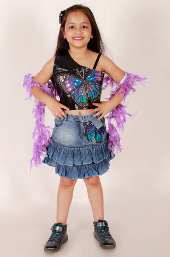 Elaisha girls leather top & layered denim skirt embellished with butterfly patch and studds - black & blue