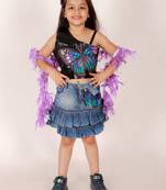 Elaisha girls leather top & layered denim skirt embellished with butterfly patch and studds - black & blue