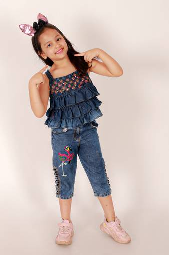 Elaisha girls flower embroidered frilled denim top and the capris with beautiful embroidery of flamingo bird - blue