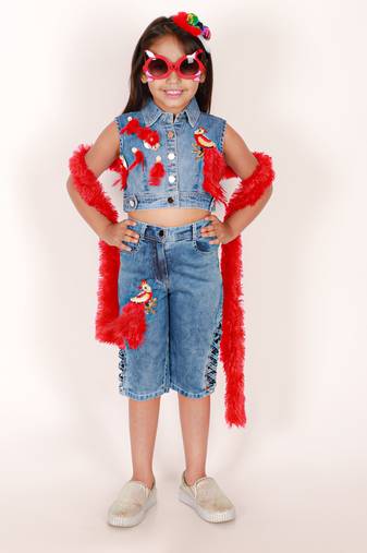 Elaisha girls denim jacket & capris  embellished with bird applique  - blue
