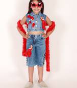 Elaisha girls denim jacket & capris  embellished with bird applique  - blue