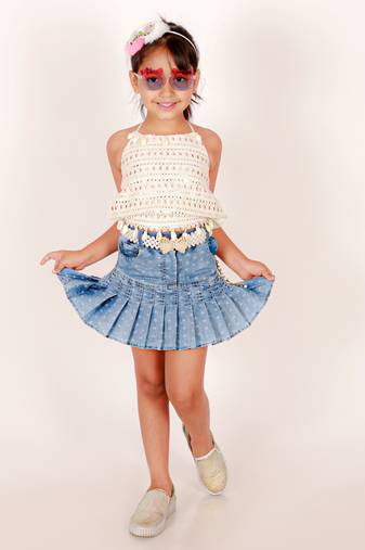Elaisha girls sleeveless kavadi attached choli with emblished denim skirt - white & blue