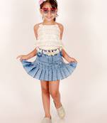 Elaisha girls sleeveless kavadi attached choli with emblished denim skirt - white & blue