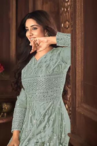 Prepossessing Grey Net Semi Stitched Wedding Women's Salwar Kameez Semi stitched