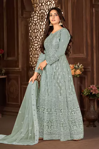 Prepossessing Grey Net Semi Stitched Wedding Women's Salwar Kameez Semi stitched