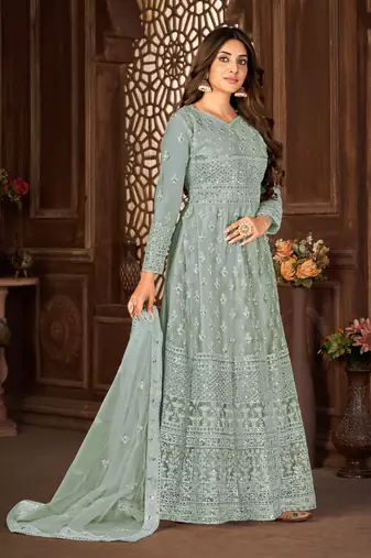 Prepossessing Grey Net Semi Stitched Wedding Women's Salwar Kameez Semi stitched