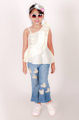 Elaisha girls frilled one shoulder choli with emblished denim pant - white & blue