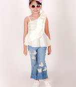 Elaisha girls frilled one shoulder choli with emblished denim pant - white & blue