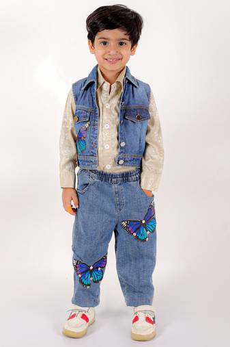Elaisha boys long sleeves shirt, denim jacket & jeans embellished with beautiful butterfly applique - beige & blue