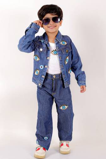 Elaisha boys long sleeves denim jacket, t-shirt & jeans embellished with evil eye appliques - blue