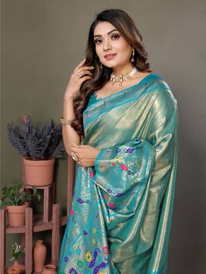 Turquoise Banarasi Tissue Silk Saree 2
