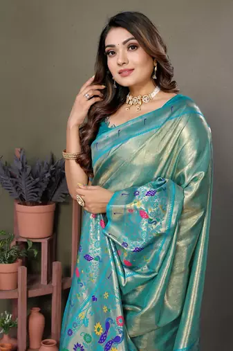 Turquoise Banarasi Tissue Silk Saree