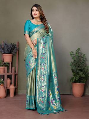 Turquoise Banarasi Tissue Silk Saree 1