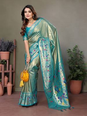 Turquoise Banarasi Tissue Silk Saree 4