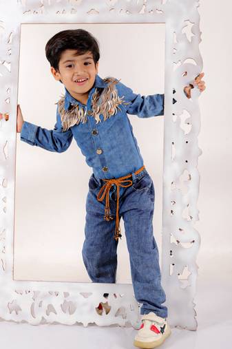 Elaisha boys emebellished fringe long sleeves denim shirt & jeans - blue