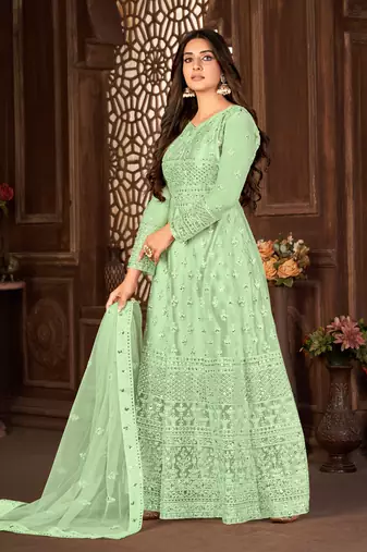 Good Looking Green Net Semi Stitched Ethnic Women's Suits Semi stitched