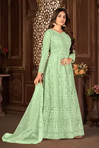 Good Looking Green Net Semi Stitched Ethnic Women's Suits Semi stitched