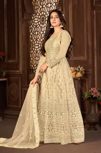 Sweet Cream Net Semi Stitched Party Wear Women's Salwar Kameez Semi stitched