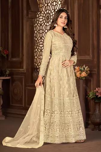 Sweet Cream Net Semi Stitched Party Wear Women's Salwar Kameez Semi stitched