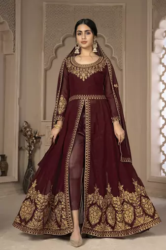 Lovable Maroon Faux Georgette Semi Stitched Festive Women's Salwar Suits Semi stitched