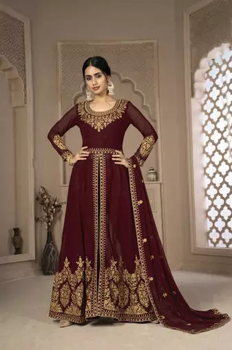 Lovable Maroon Faux Georgette Semi Stitched Festive Women's Salwar Suits Semi stitched
