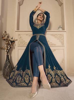 Cute Teal Blue Faux Georgette Semi Stitched Women's Salwar Kameez Semi stitched 2