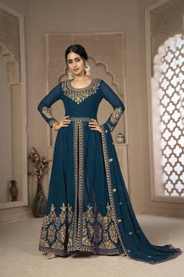 Cute Teal Blue Faux Georgette Semi Stitched Women's Salwar Kameez Semi stitched 3
