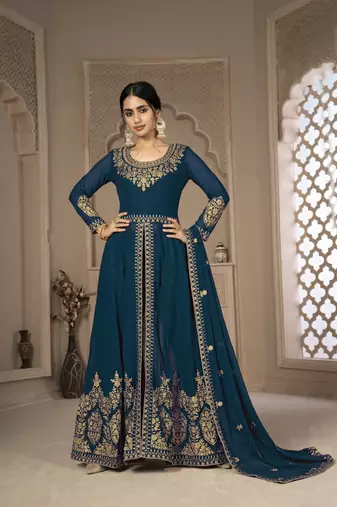 Cute Teal Blue Faux Georgette Semi Stitched Women's Salwar Kameez Semi stitched