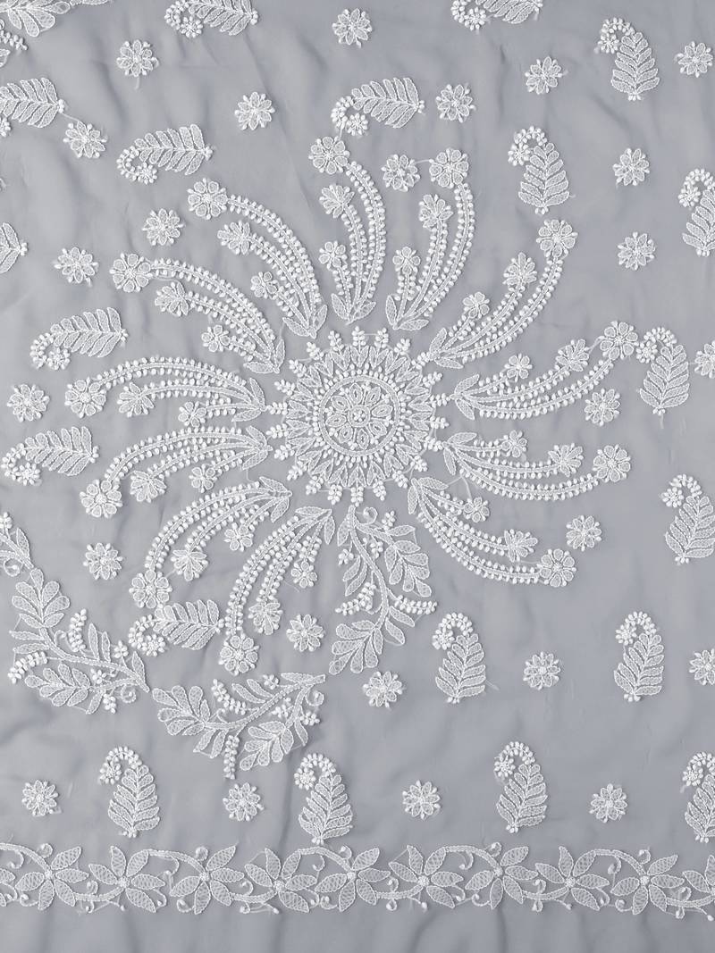 hand embroidered grey goergette lucknowi chikankari saree with blouse 
