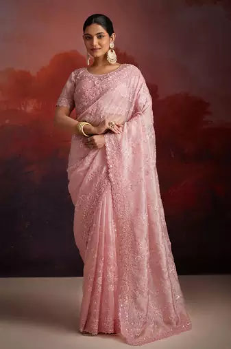 Peach designer organza saree with intricate work