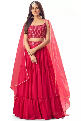 Pink Embroidered Georgette Free Size Stitched Circular Lehenga.(Size up to 42")