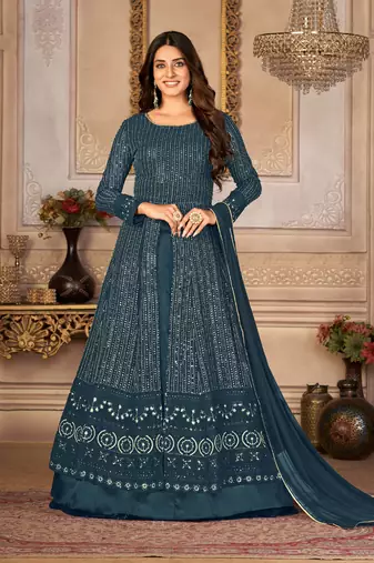 Agreeable Teal Blue Faux Georgette Semi Stitched Festive Women's Salwar Suits Semi stitched