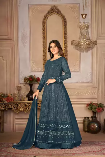 Agreeable Teal Blue Faux Georgette Semi Stitched Festive Women's Salwar Suits Semi stitched