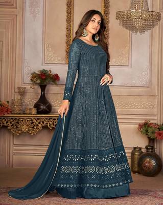 Agreeable Teal Blue Faux Georgette Semi Stitched Festive Women's Salwar Suits Semi stitched 1