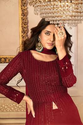 Pleasing Maroon Faux Georgette Semi Stitched Ethnic Women's Suits Semi stitched 2