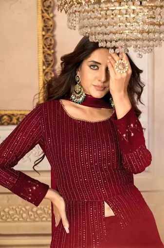 Pleasing Maroon Faux Georgette Semi Stitched Ethnic Women's Suits Semi stitched