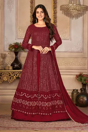 Pleasing Maroon Faux Georgette Semi Stitched Ethnic Women's Suits Semi stitched