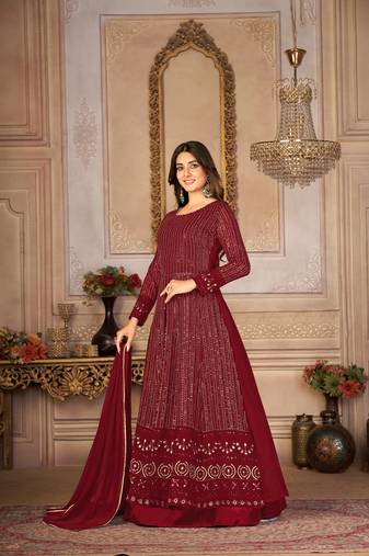 Pleasing Maroon Faux Georgette Semi Stitched Ethnic Women's Suits Semi stitched