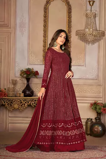 Pleasing Maroon Faux Georgette Semi Stitched Ethnic Women's Suits Semi stitched