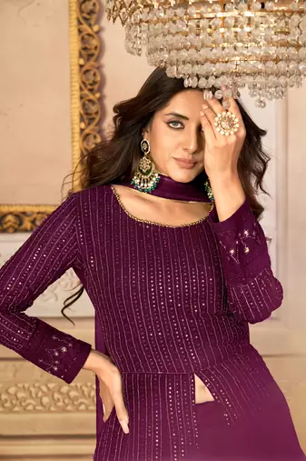 Pleasant Purple Faux Georgette Semi Stitched Wedding Women's Salwar Kameez Semi stitched