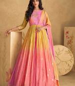 Multi embroidered silk free sizestitched gown.(size Free size full stitched Up To 42")