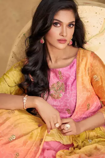 Multi embroidered silk free sizestitched gown.(size Free size full stitched Up To 42")