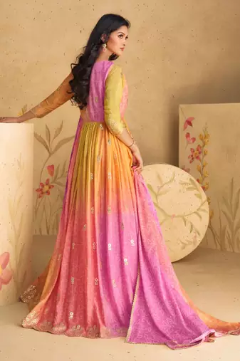 Multi embroidered silk free sizestitched gown.(size Free size full stitched Up To 42")