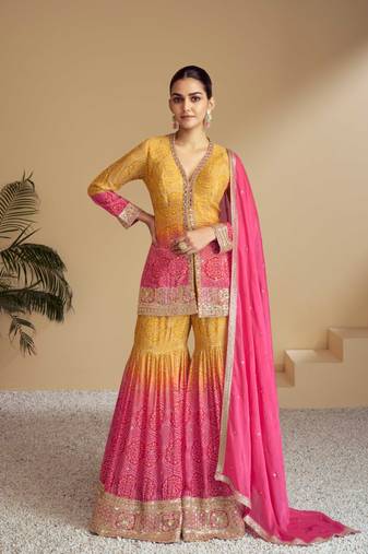 Pink and Yellow Chiffon Printed and Sequin Embroidered Sharara