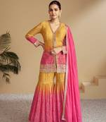 Pink and Yellow Chiffon Printed and Sequin Embroidered Sharara (Size Up to 42")