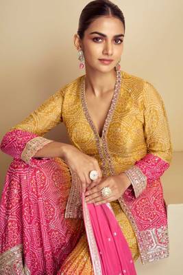 Pink and Yellow Chiffon Printed and Sequin Embroidered Sharara (Size Up to 42") 2