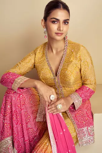Pink and Yellow Chiffon Printed and Sequin Embroidered Sharara (Size Up to 42")