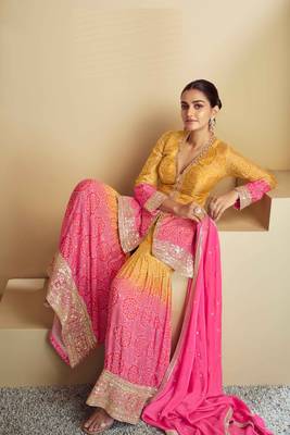Pink and Yellow Chiffon Printed and Sequin Embroidered Sharara (Size Up to 42") 3