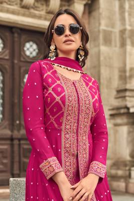 Pink embroidered jacquard free sizestitched palazzo anarkali.(size Free size full stitched Up To 42") 2
