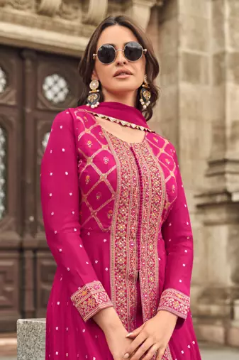 Pink embroidered jacquard free sizestitched palazzo anarkali.(size Free size full stitched Up To 42")